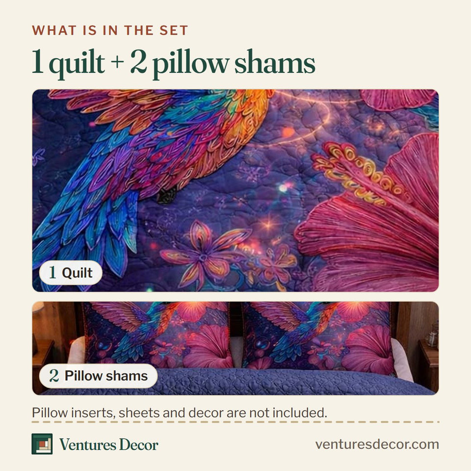 What is in the set: one quilt and two pillow shams, shown in the Mystic Glow Hummingbird design