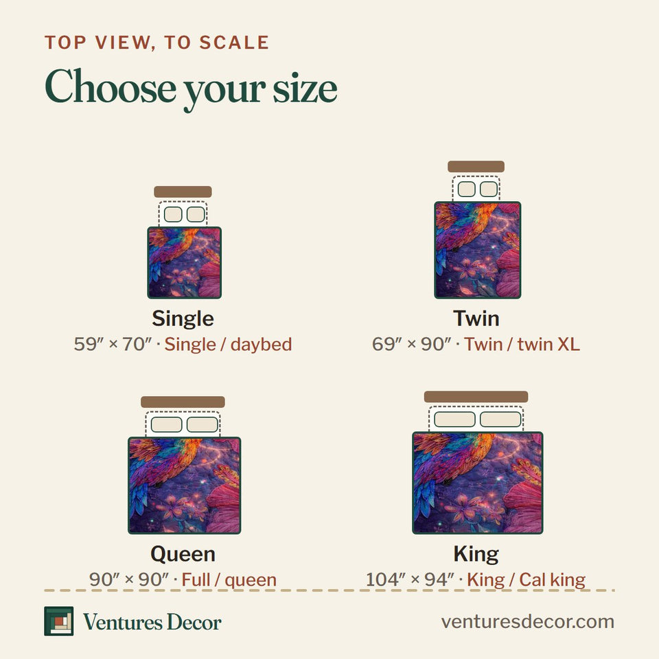 Size guide for the Mystic Glow Hummingbird quilt, top view to scale: Single 59 x 70 in, Twin 69 x 90 in, Queen 90 x 90 in, King 104 x 94 in