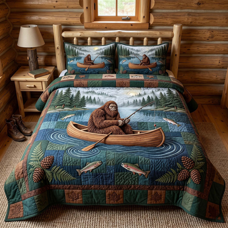 Mystic Sasquatch Fishing from the Canoe quilted bedding set, quilt and two pillow shams on a made bed
