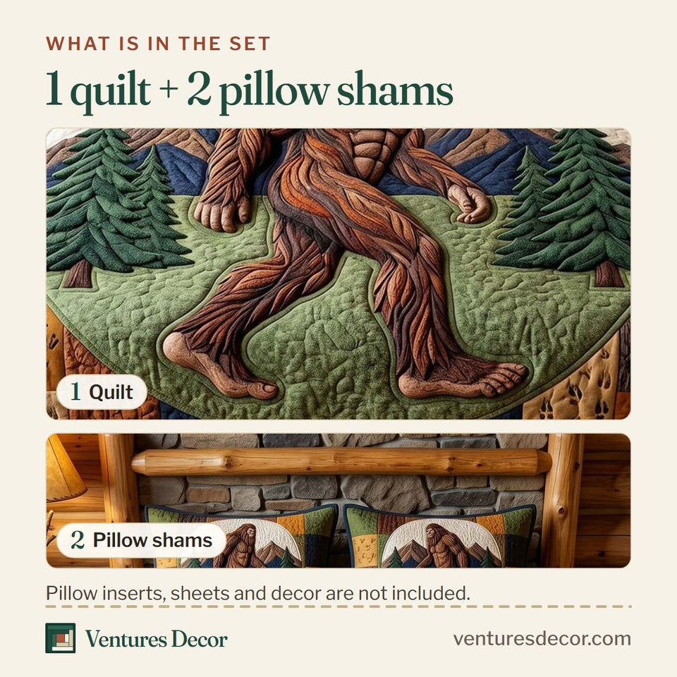 What is in the set: one quilt and two pillow shams, shown in the Mystic Sasquatch Oval Panel with Pines design