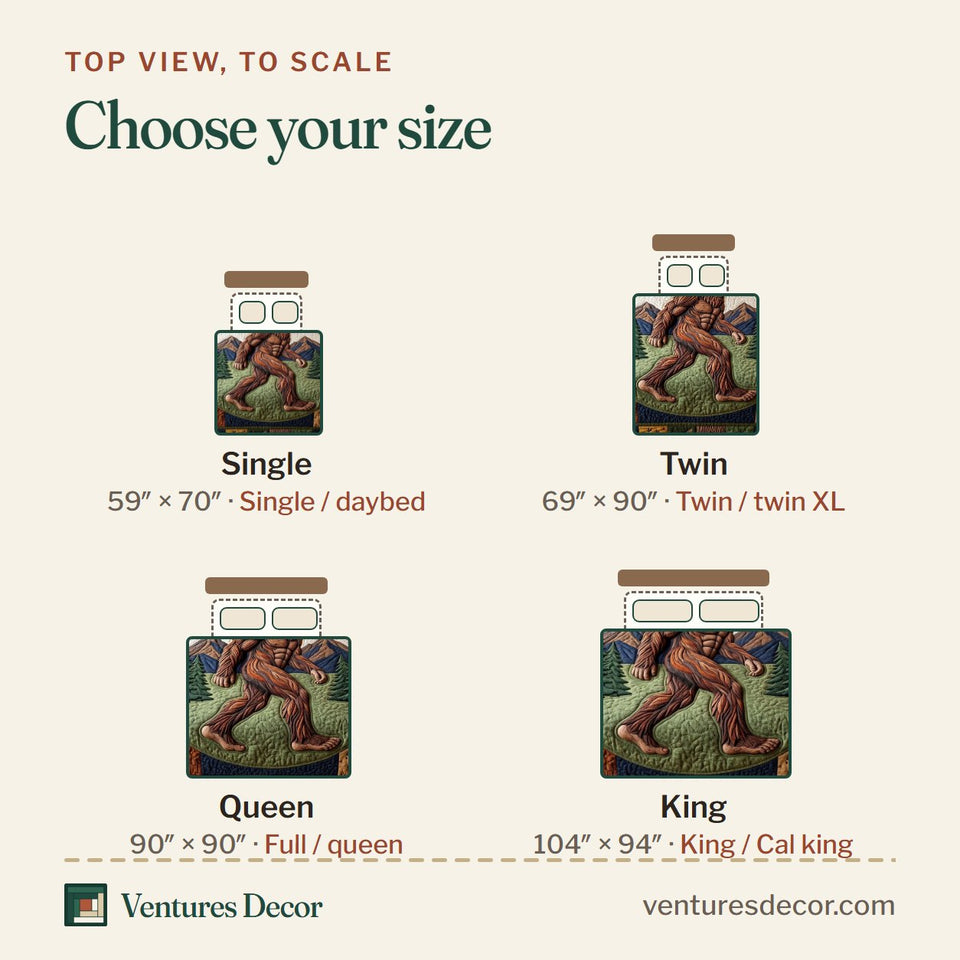 Size guide for the Mystic Sasquatch Oval Panel with Pines quilt, top view to scale: Single 59 x 70 in, Twin 69 x 90 in, Queen 90 x 90 in, King 104 x 94 in