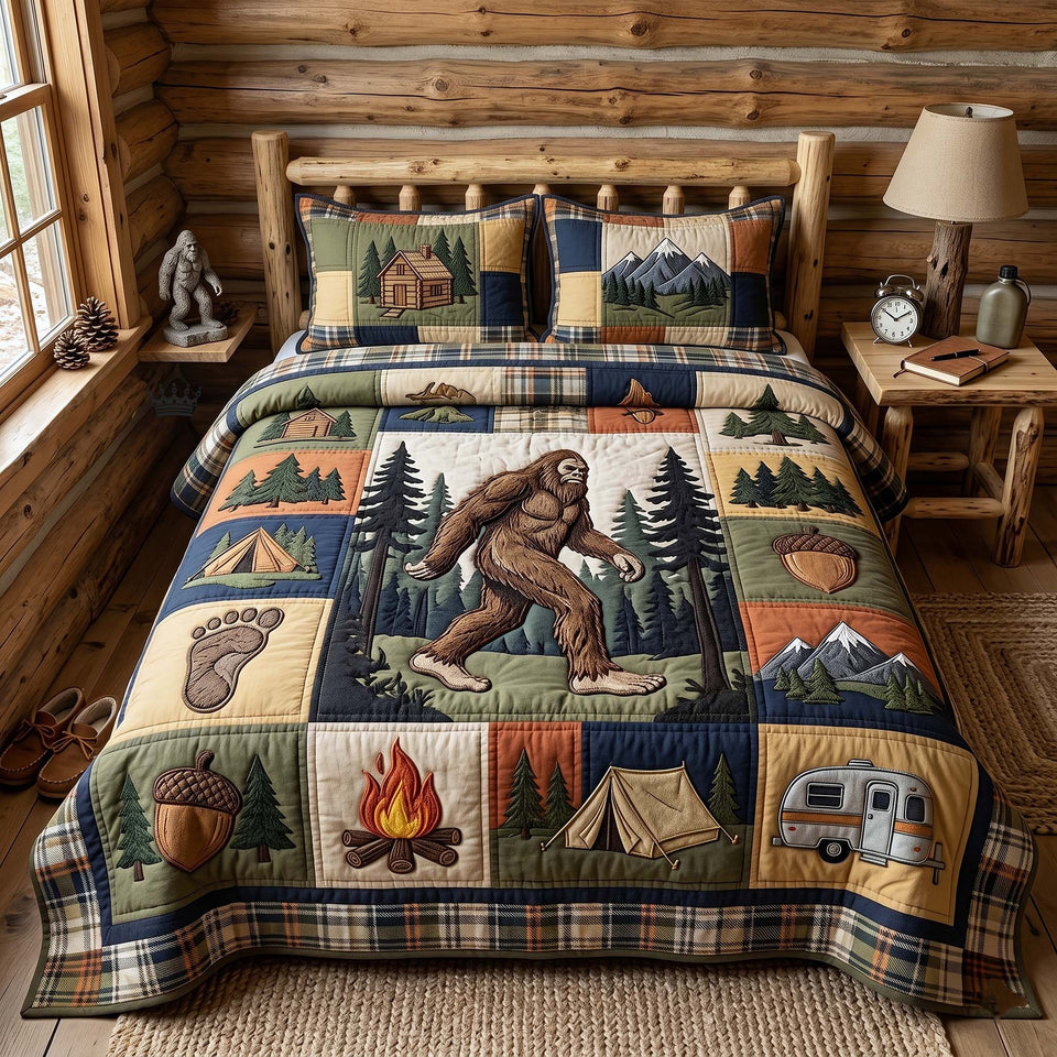 Mystic Sasquatch Tan Camp Block Sampler quilted bedding set, quilt and two pillow shams on a made bed
