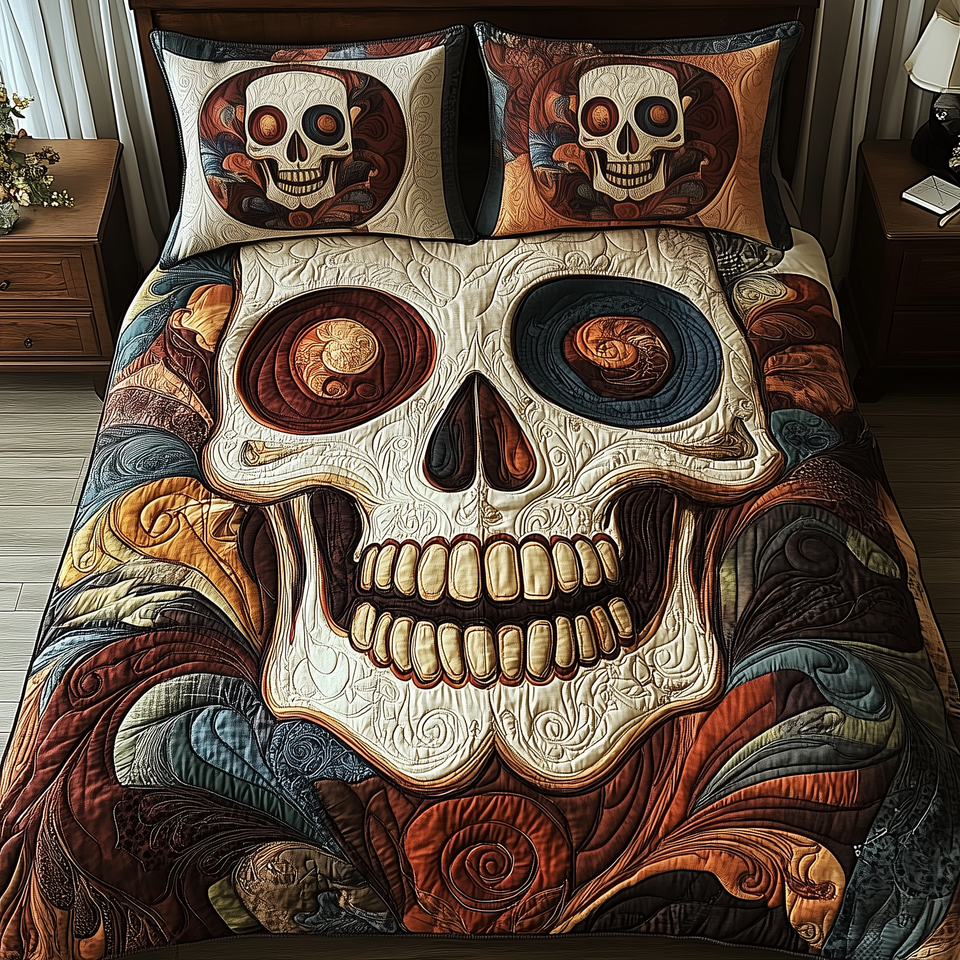 Mystic Swirl Skull quilted bedding set, quilt and two pillow shams on a made bed