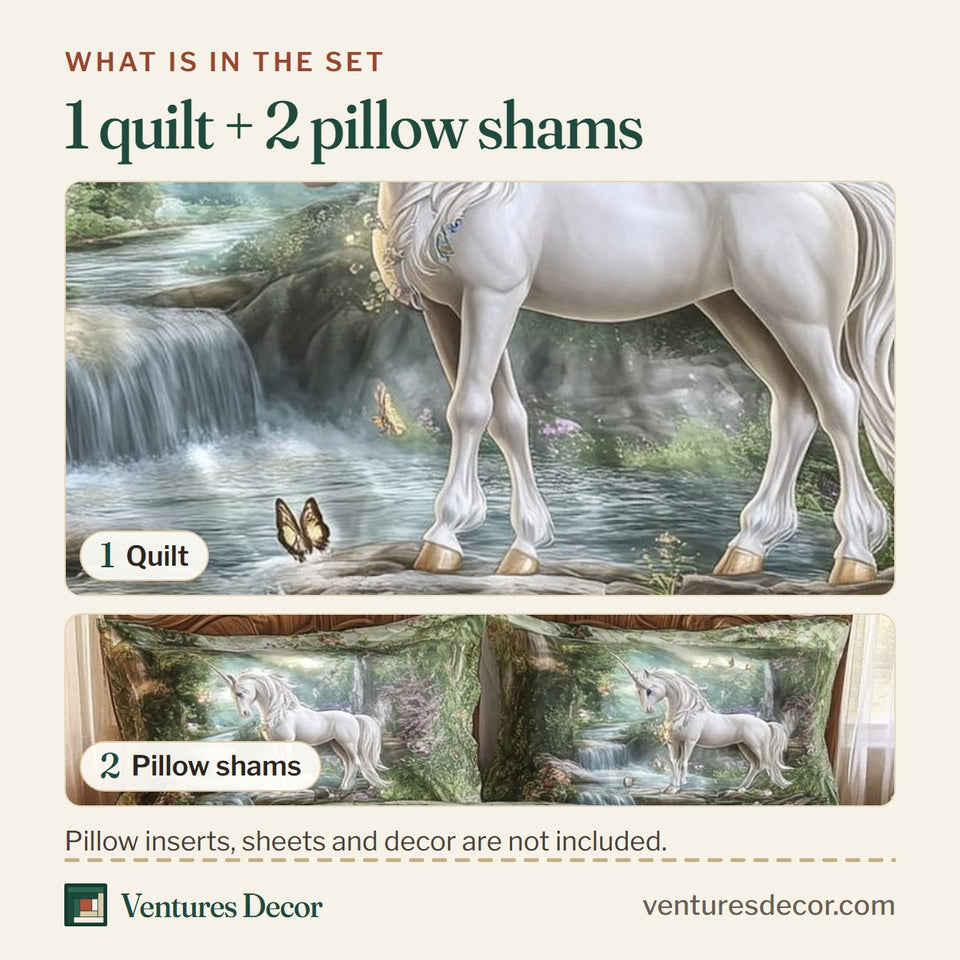 What is in the set: one quilt and two pillow shams, shown in the Mystic Unicorn design