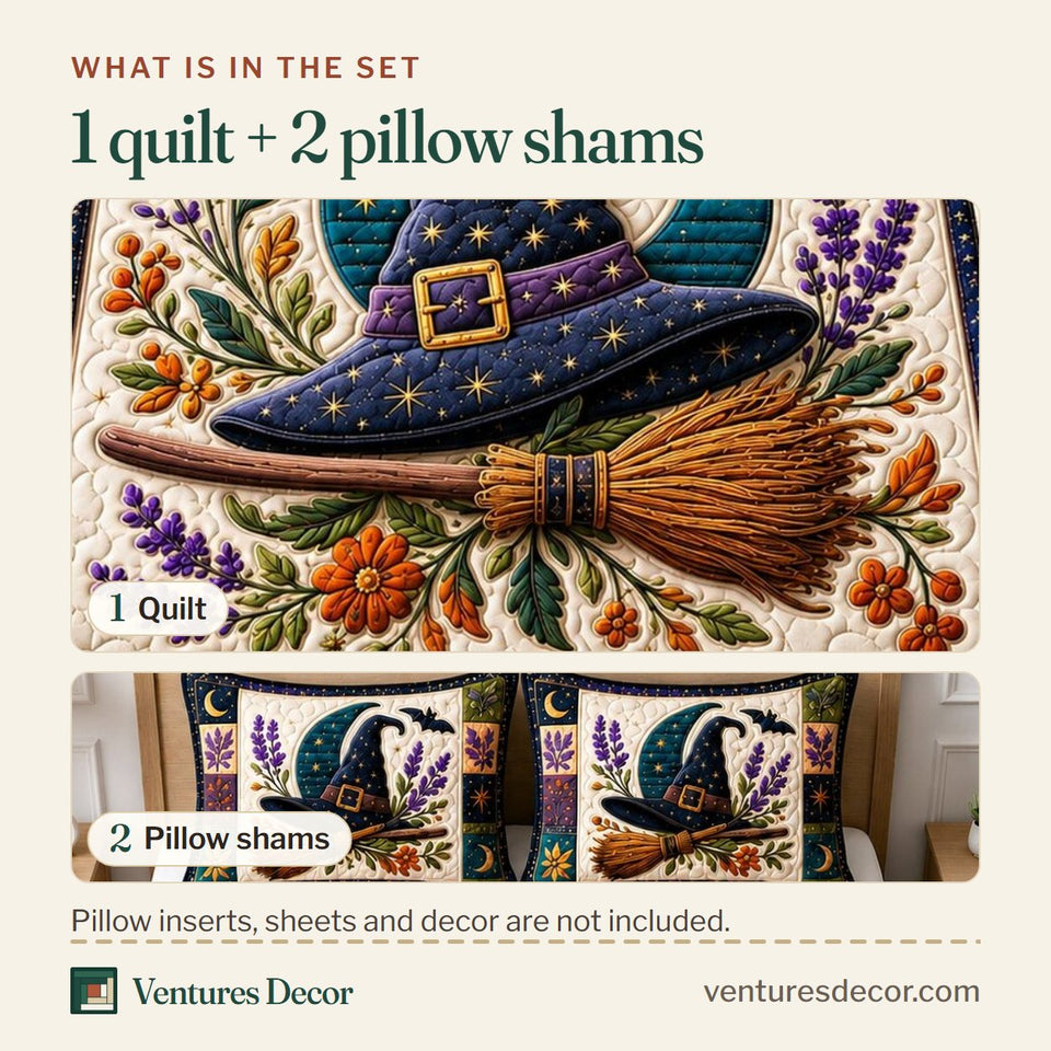 What is in the set: one quilt and two pillow shams, shown in the Mystic Witch design