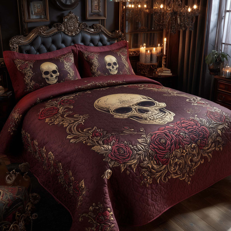 Mystique Solo Skull Burgundy Rose Garland quilted bedding set, quilt and two pillow shams on a made bed
