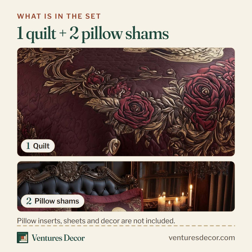 What is in the set: one quilt and two pillow shams, shown in the Mystique Solo Skull Burgundy Rose Garland design