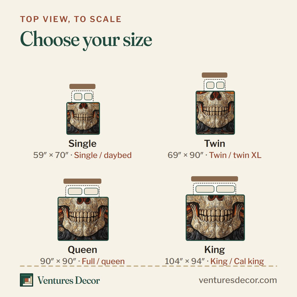 Size guide for the Mystique Solo Skull Copper Flame Swirl quilt, top view to scale: Single 59 x 70 in, Twin 69 x 90 in, Queen 90 x 90 in, King 104 x 94 in