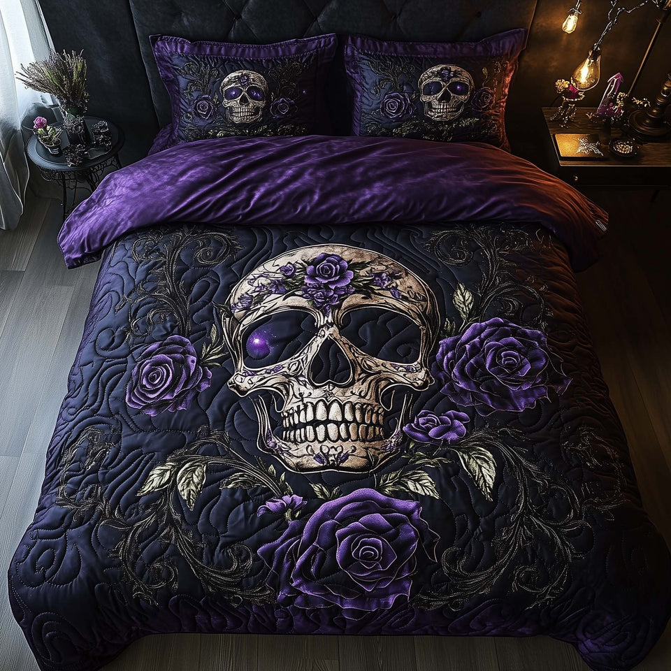 Mystique Solo Skull Purple Rose Bloom quilted bedding set, quilt and two pillow shams on a made bed