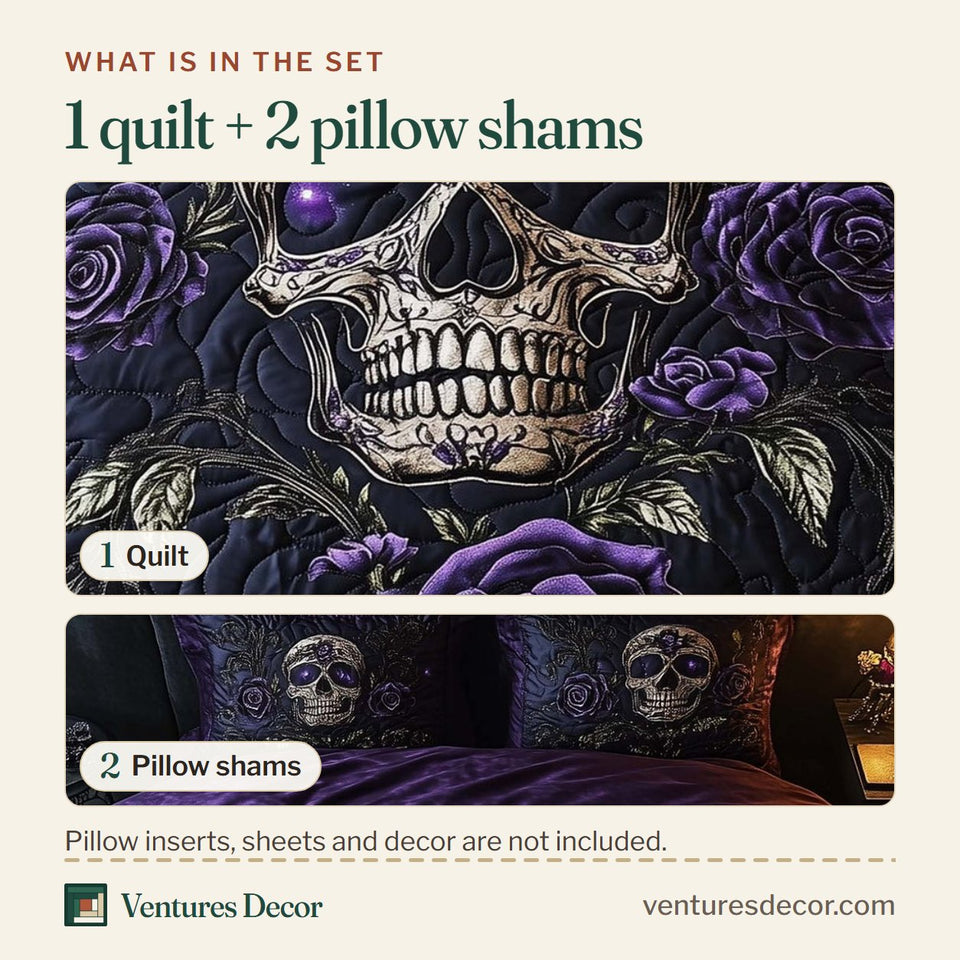 What is in the set: one quilt and two pillow shams, shown in the Mystique Solo Skull Purple Rose Bloom design