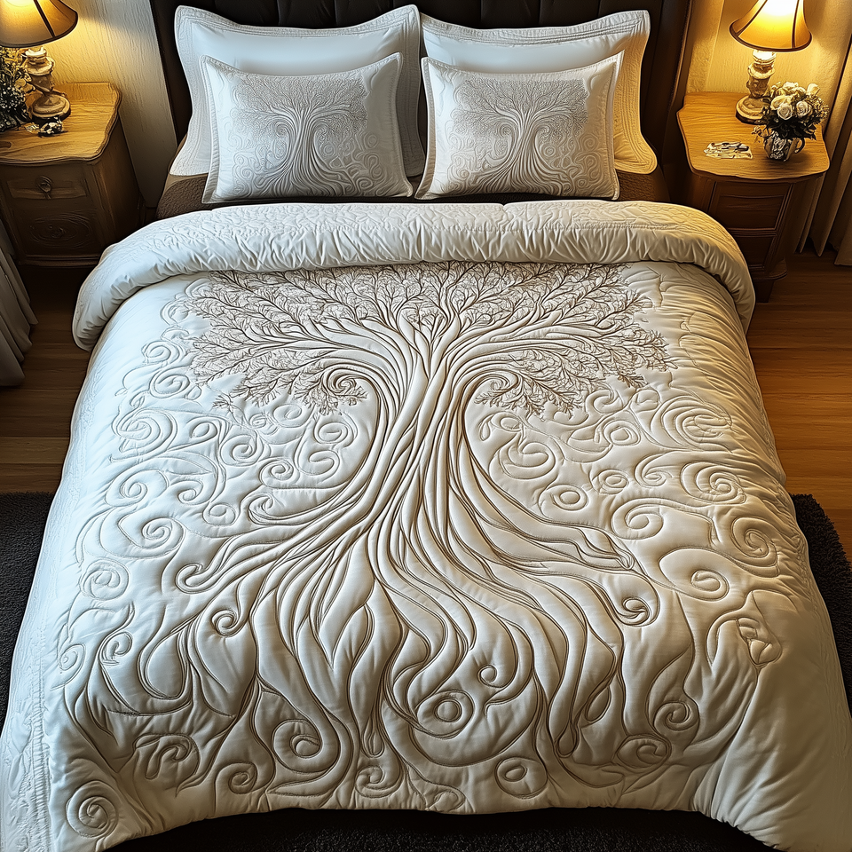 Mythic Tree of Life Cream Tonal Relief quilted bedding set, quilt and two pillow shams on a made bed