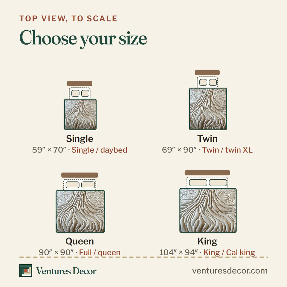 Size guide for the Mythic Tree of Life Cream Tonal Relief quilt, top view to scale: Single 59 x 70 in, Twin 69 x 90 in, Queen 90 x 90 in, King 104 x 94 in