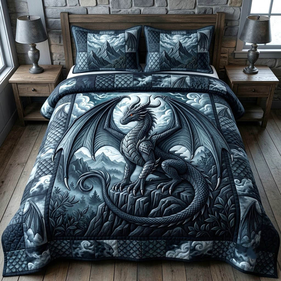 Mythical Dragon Lover quilted bedding set, quilt and two pillow shams on a made bed