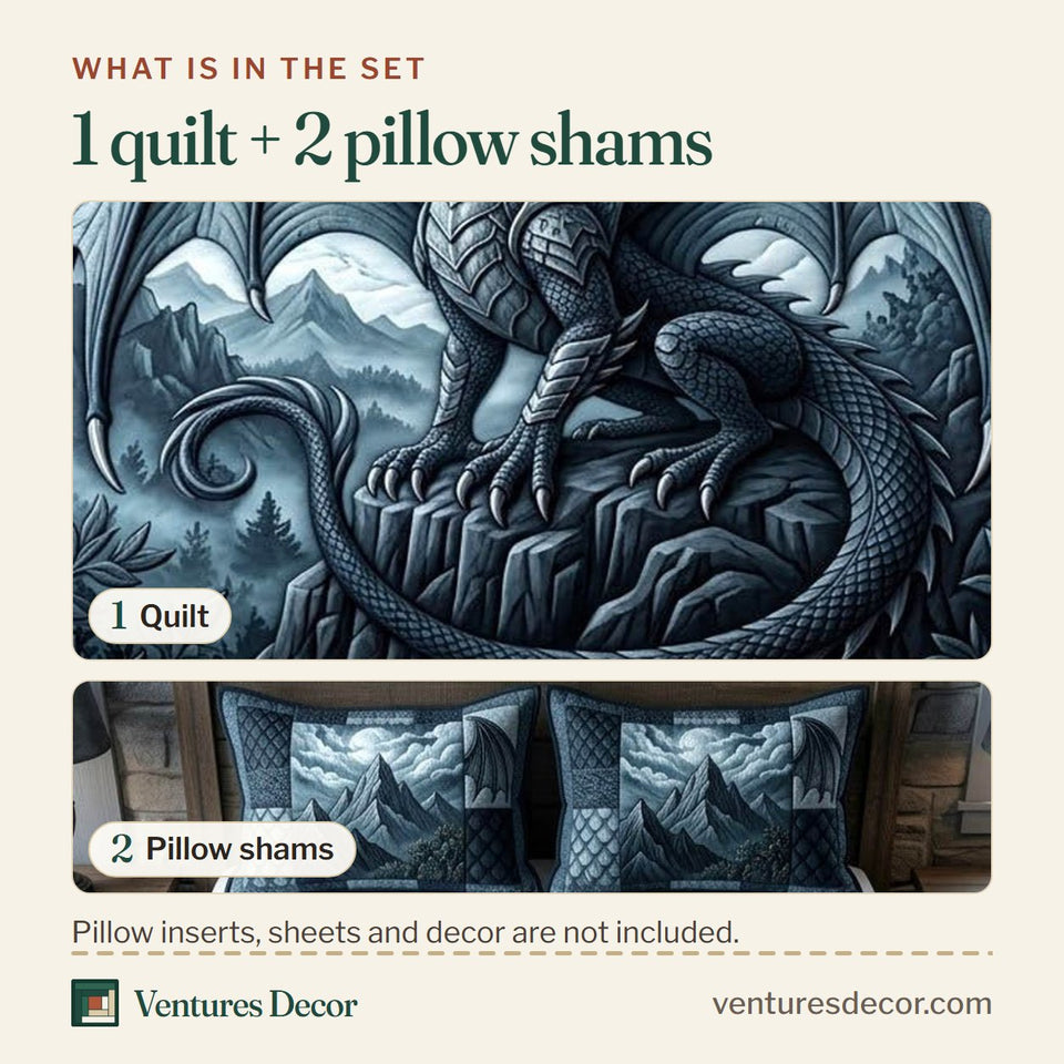 What is in the set: one quilt and two pillow shams, shown in the Mythical Dragon Lover design