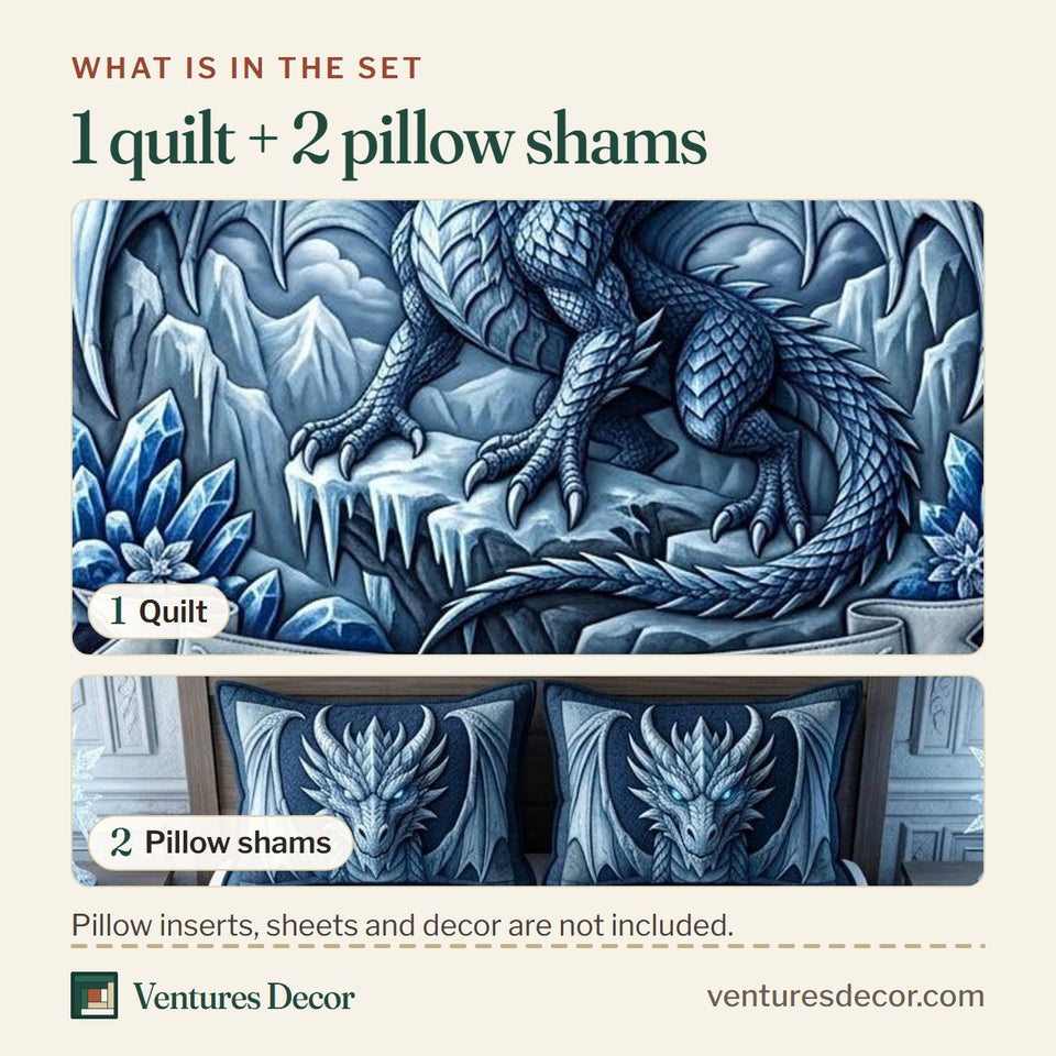 What is in the set: one quilt and two pillow shams, shown in the Mythical Dragon Fantasy Decor design