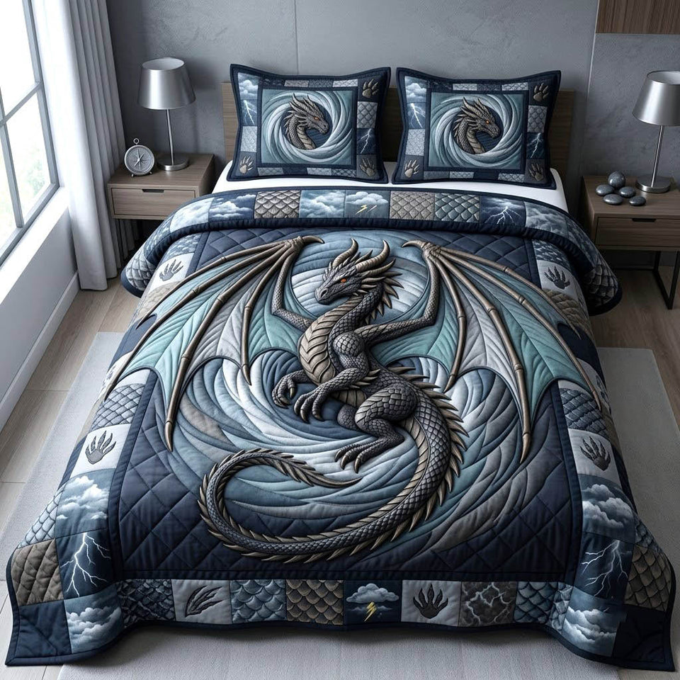 Mythical Dragon quilted bedding set, quilt and two pillow shams on a made bed