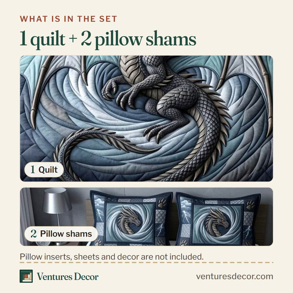 What is in the set: one quilt and two pillow shams, shown in the Mythical Dragon design