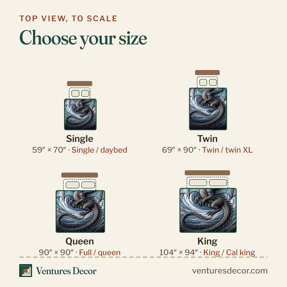 Size guide for the Mythical Dragon quilt, top view to scale: Single 59 x 70 in, Twin 69 x 90 in, Queen 90 x 90 in, King 104 x 94 in