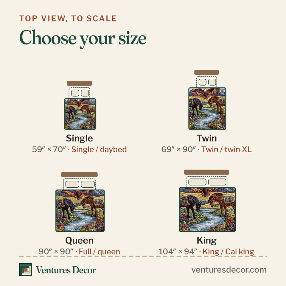 Size guide for the Native American Horses by Mountain River quilt, top view to scale: Single 59 x 70 in, Twin 69 x 90 in, Queen 90 x 90 in, King 104 x 94 in