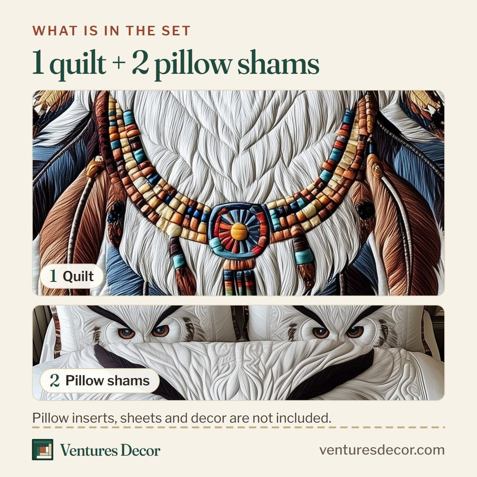 What is in the set: one quilt and two pillow shams, shown in the Native American Owl design