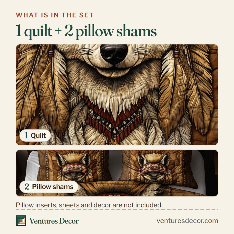 What is in the set: one quilt and two pillow shams, shown in the Native American Wolf Beaded Headband design