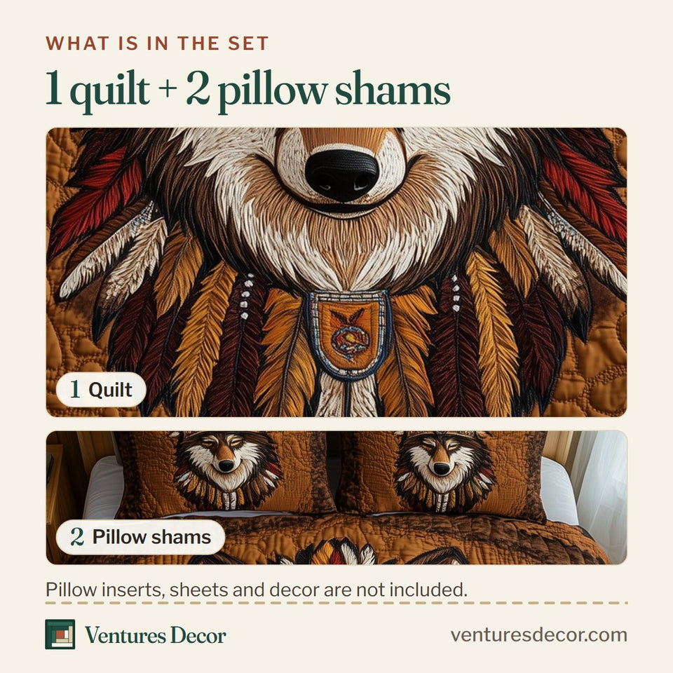 What is in the set: one quilt and two pillow shams, shown in the Native American Wolf Red Feather Collar design