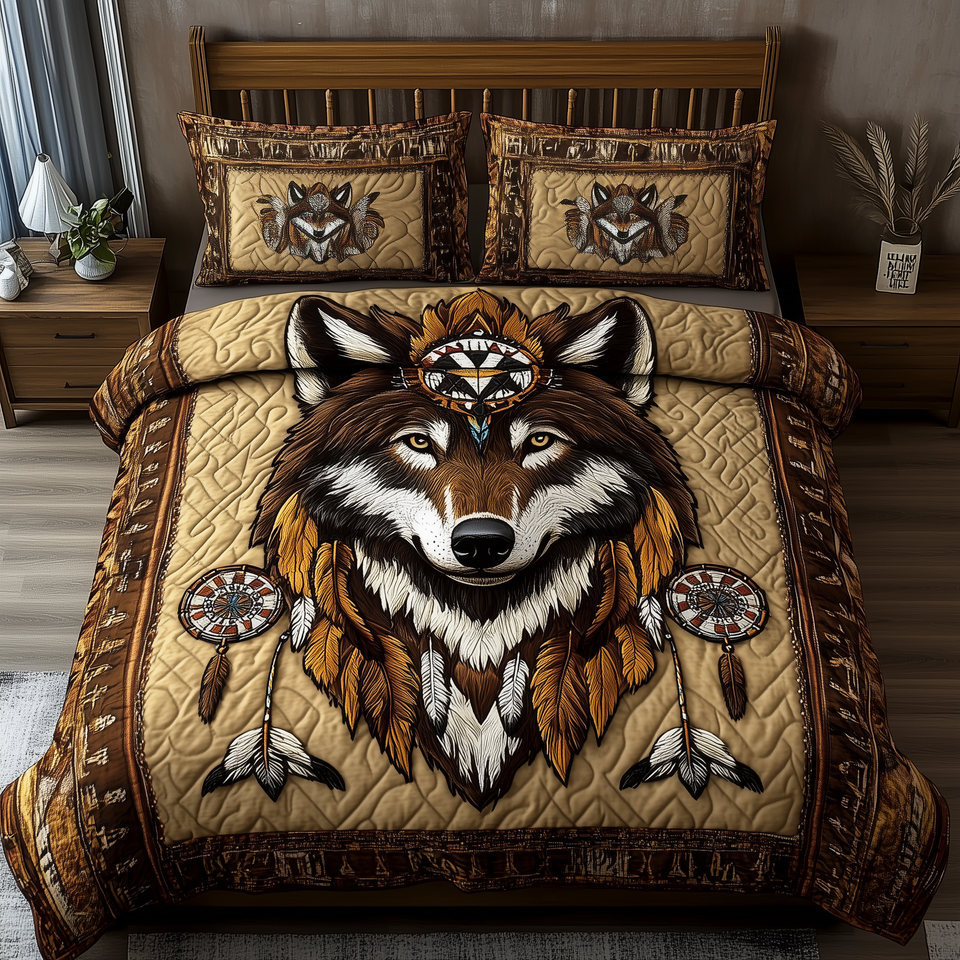 Native American Wolf Twin Dreamcatchers quilted bedding set, quilt and two pillow shams on a made bed