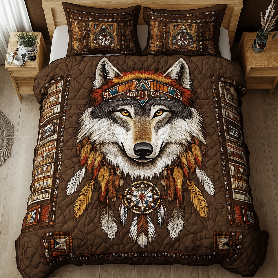 Native American Wolf White Fur Dreamcatcher quilted bedding set, quilt and two pillow shams on a made bed