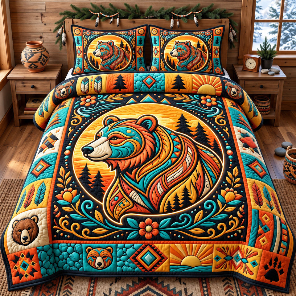Native Bear Spirit quilted bedding set, quilt and two pillow shams on a made bed