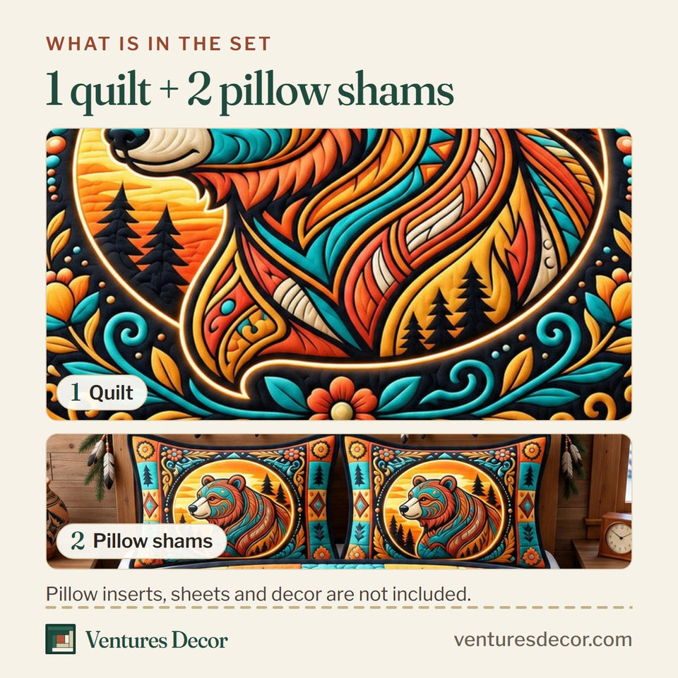 What is in the set: one quilt and two pillow shams, shown in the Native Bear Spirit design