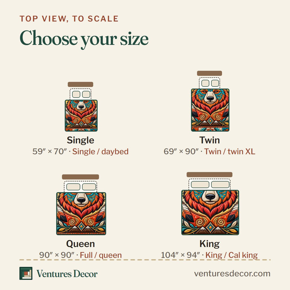 Size guide for the Native Bear Totem quilt, top view to scale: Single 59 x 70 in, Twin 69 x 90 in, Queen 90 x 90 in, King 104 x 94 in