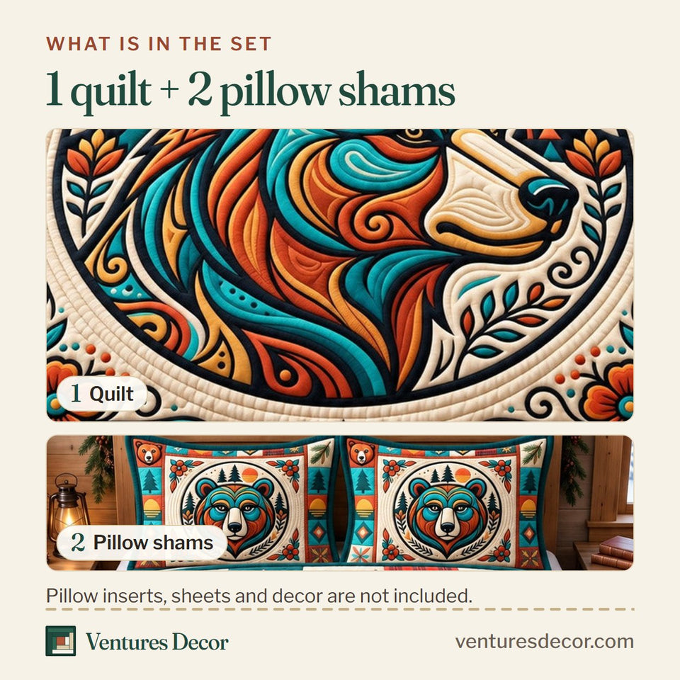 What is in the set: one quilt and two pillow shams, shown in the Native Bear Native Inspired design