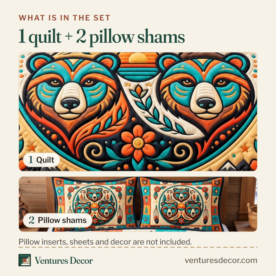 What is in the set: one quilt and two pillow shams, shown in the Native Bear design