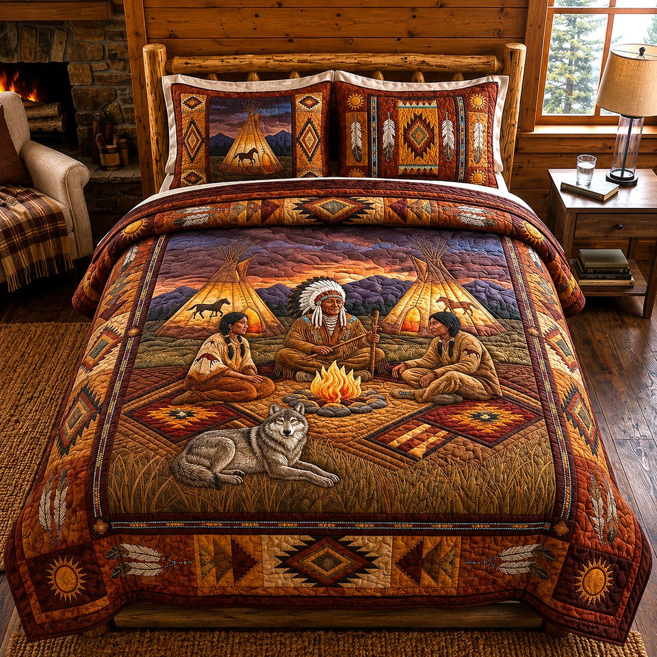 Native Beauty quilted bedding set, quilt and two pillow shams on a made bed