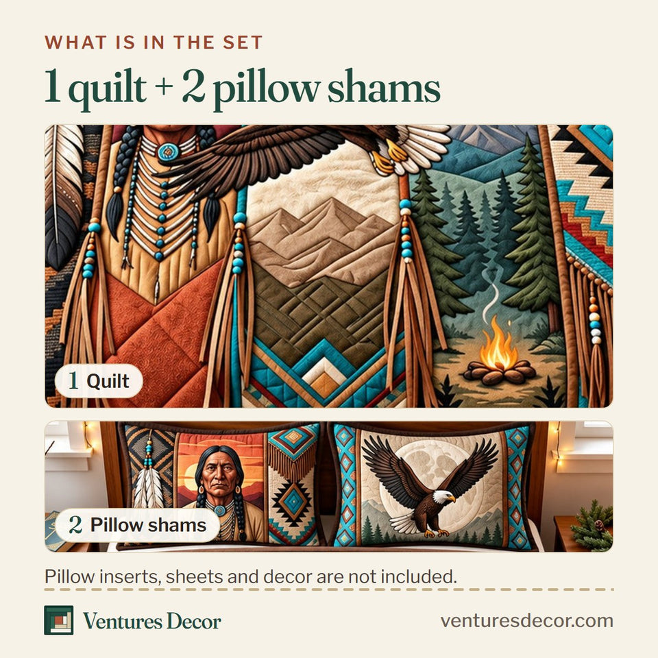 What is in the set: one quilt and two pillow shams, shown in the Native Eagle design