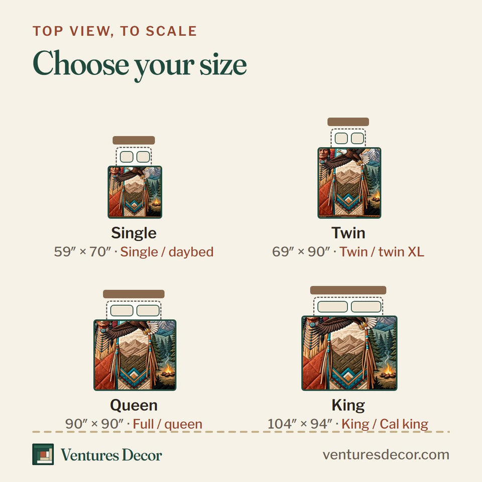 Size guide for the Native Eagle quilt, top view to scale: Single 59 x 70 in, Twin 69 x 90 in, Queen 90 x 90 in, King 104 x 94 in