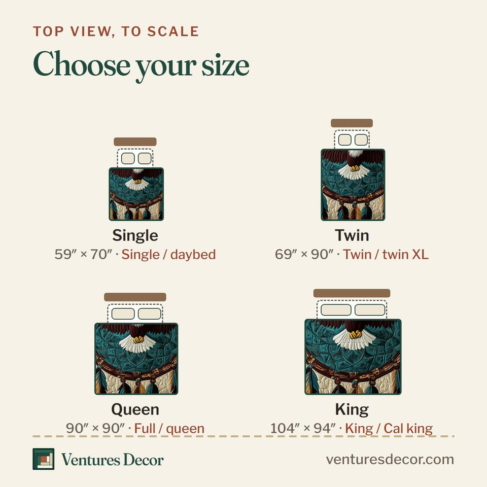 Size guide for the Native Freedom quilt, top view to scale: Single 59 x 70 in, Twin 69 x 90 in, Queen 90 x 90 in, King 104 x 94 in