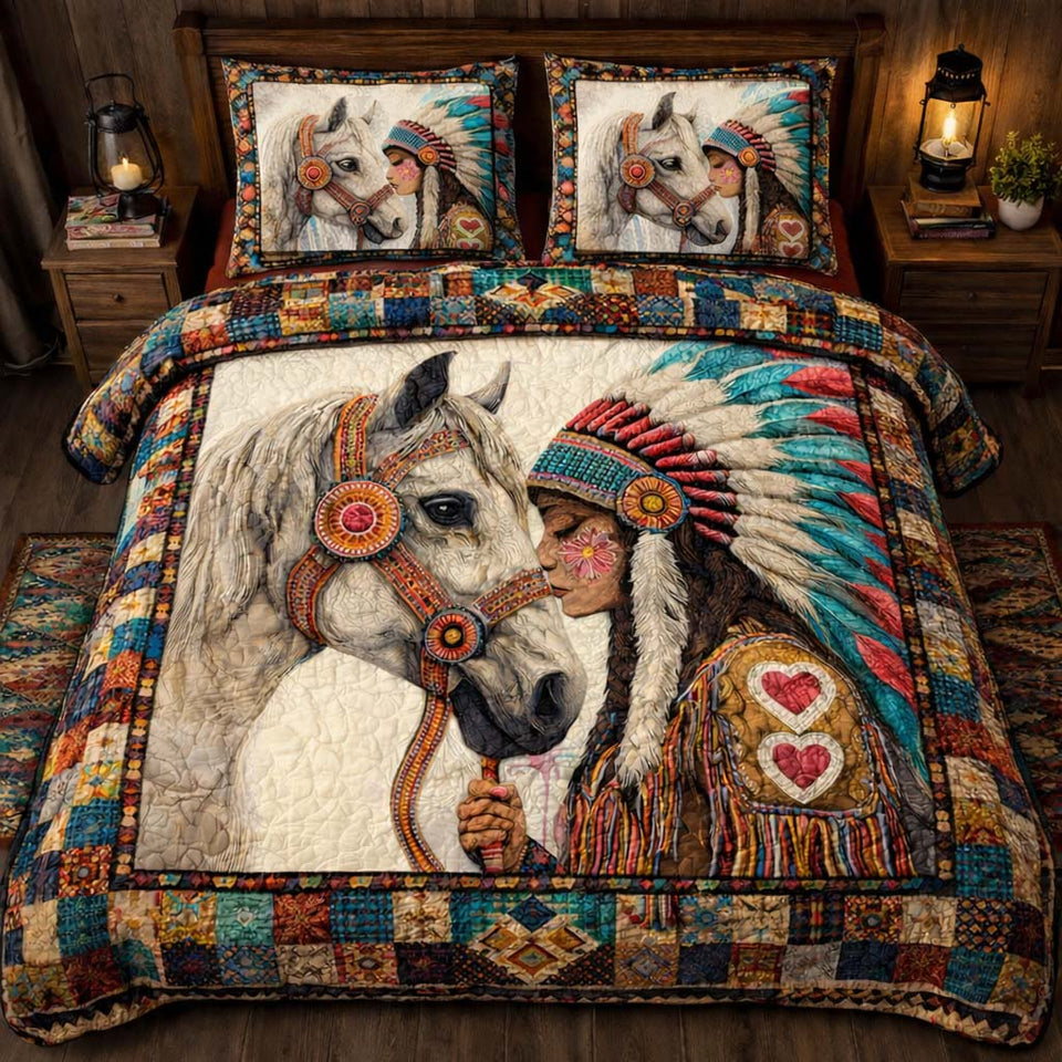 Native Heart Horse quilted bedding set, quilt and two pillow shams on a made bed