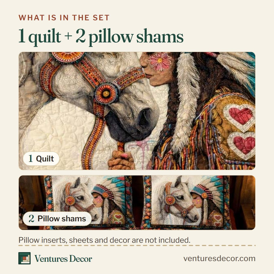 What is in the set: one quilt and two pillow shams, shown in the Native Heart Horse design