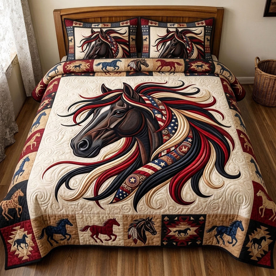 Native Legacy Crimson Mane Stallion quilted bedding set, quilt and two pillow shams on a made bed