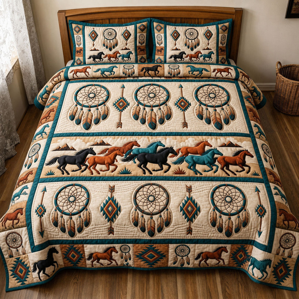 Native Legacy Horse Band Dreamcatcher Rows quilted bedding set, quilt and two pillow shams on a made bed