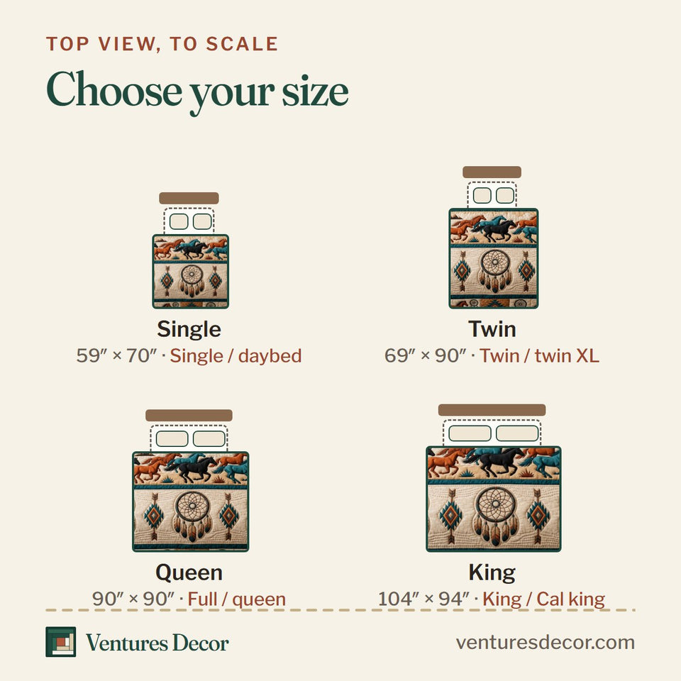Size guide for the Native Legacy Horse Band Dreamcatcher Rows quilt, top view to scale: Single 59 x 70 in, Twin 69 x 90 in, Queen 90 x 90 in, King 104 x 94 in