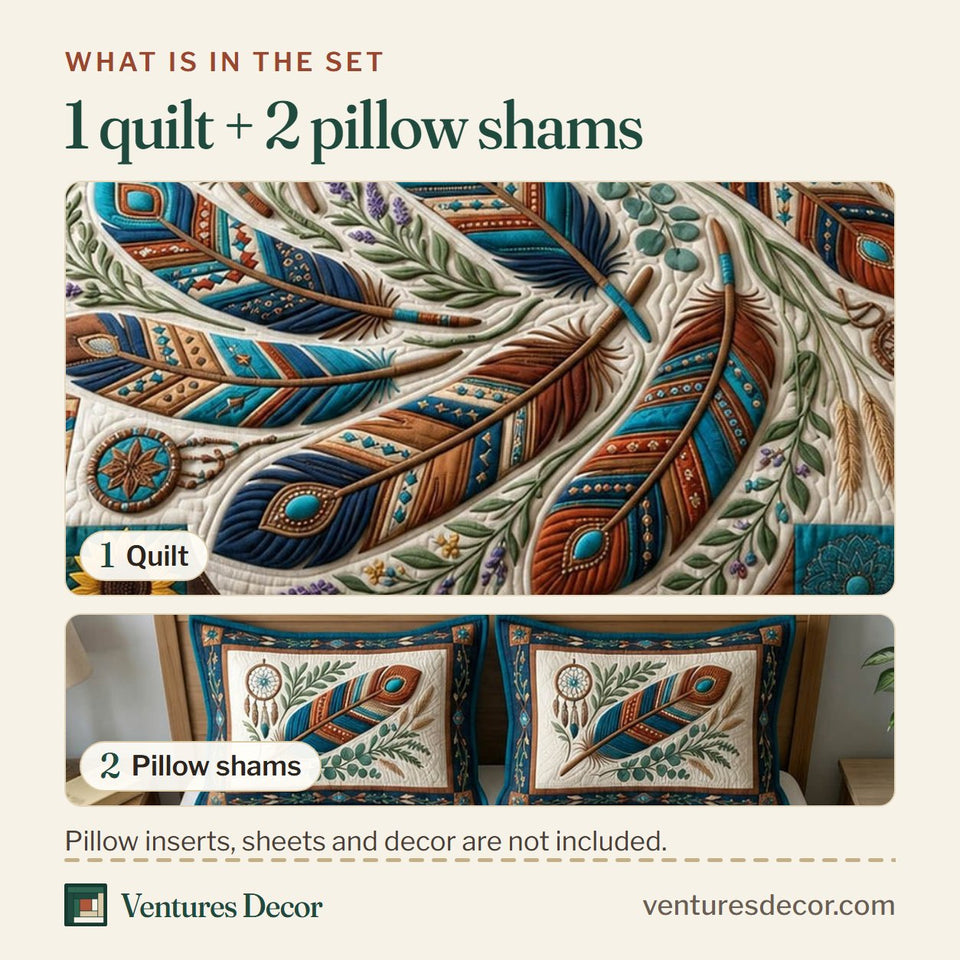 What is in the set: one quilt and two pillow shams, shown in the Native Legacy Swirling Feather Fan design