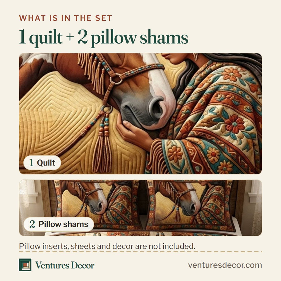 What is in the set: one quilt and two pillow shams, shown in the Native Legacy Woman and Horse Embrace design