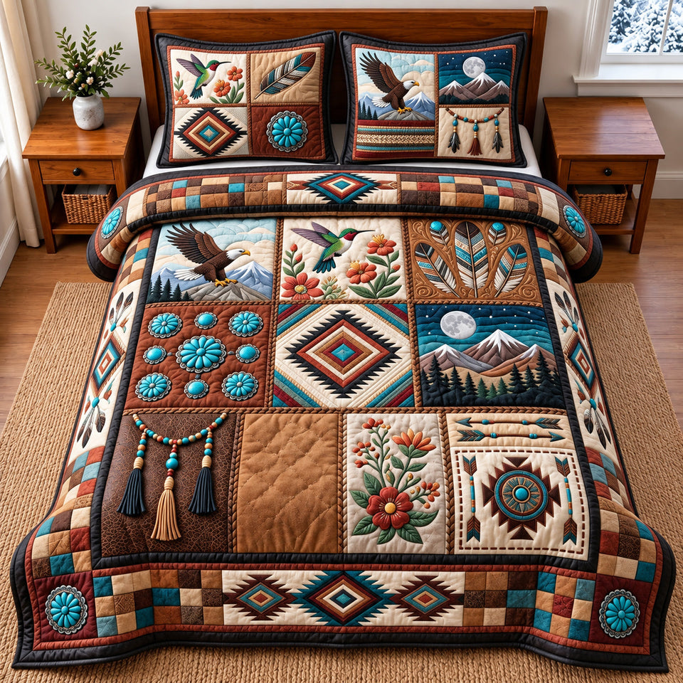 Native Patchwork quilted bedding set, quilt and two pillow shams on a made bed