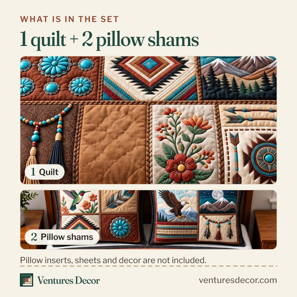 What is in the set: one quilt and two pillow shams, shown in the Native Patchwork design