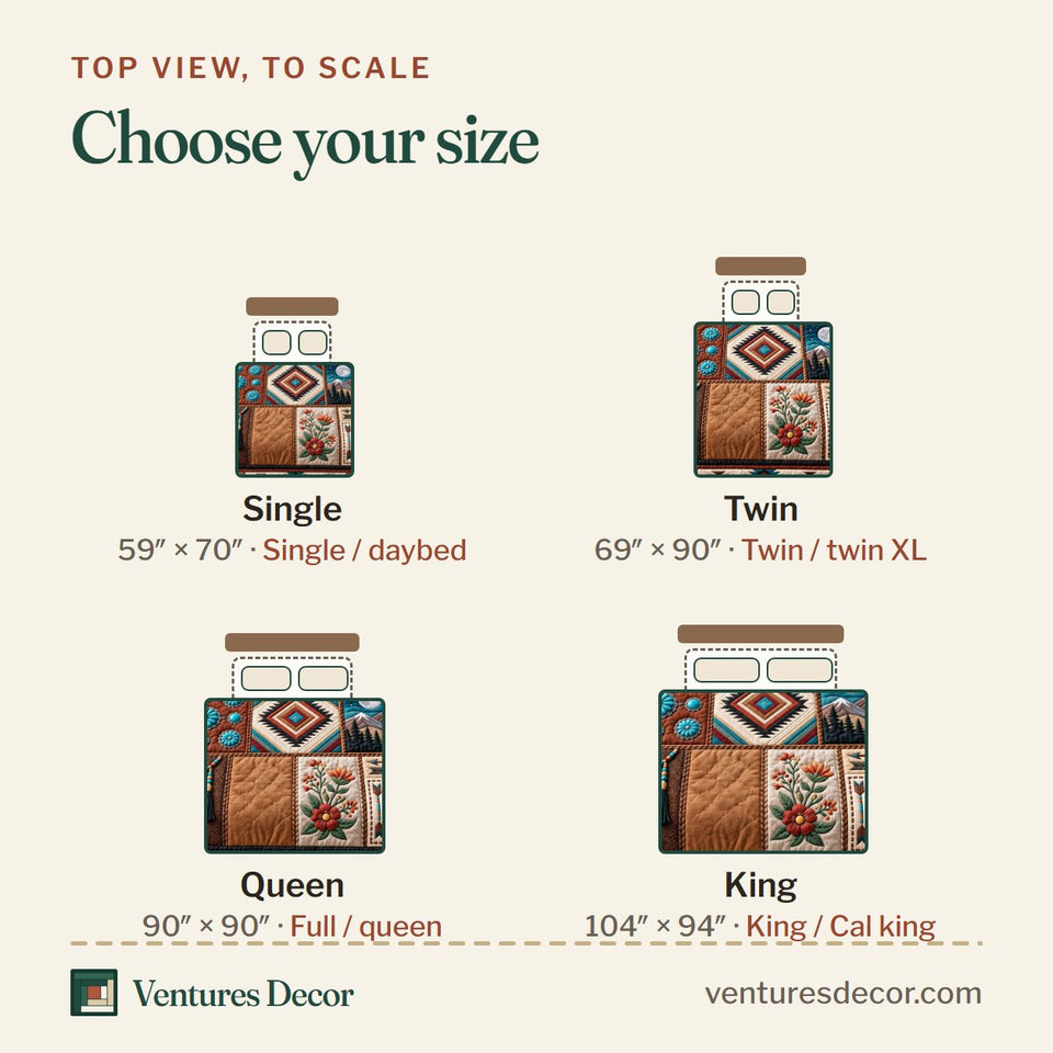 Size guide for the Native Patchwork quilt, top view to scale: Single 59 x 70 in, Twin 69 x 90 in, Queen 90 x 90 in, King 104 x 94 in