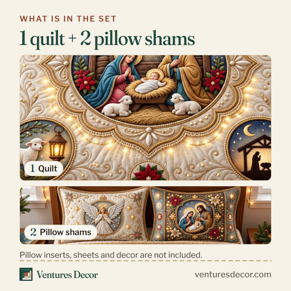 What is in the set: one quilt and two pillow shams, shown in the Nativity Faith design