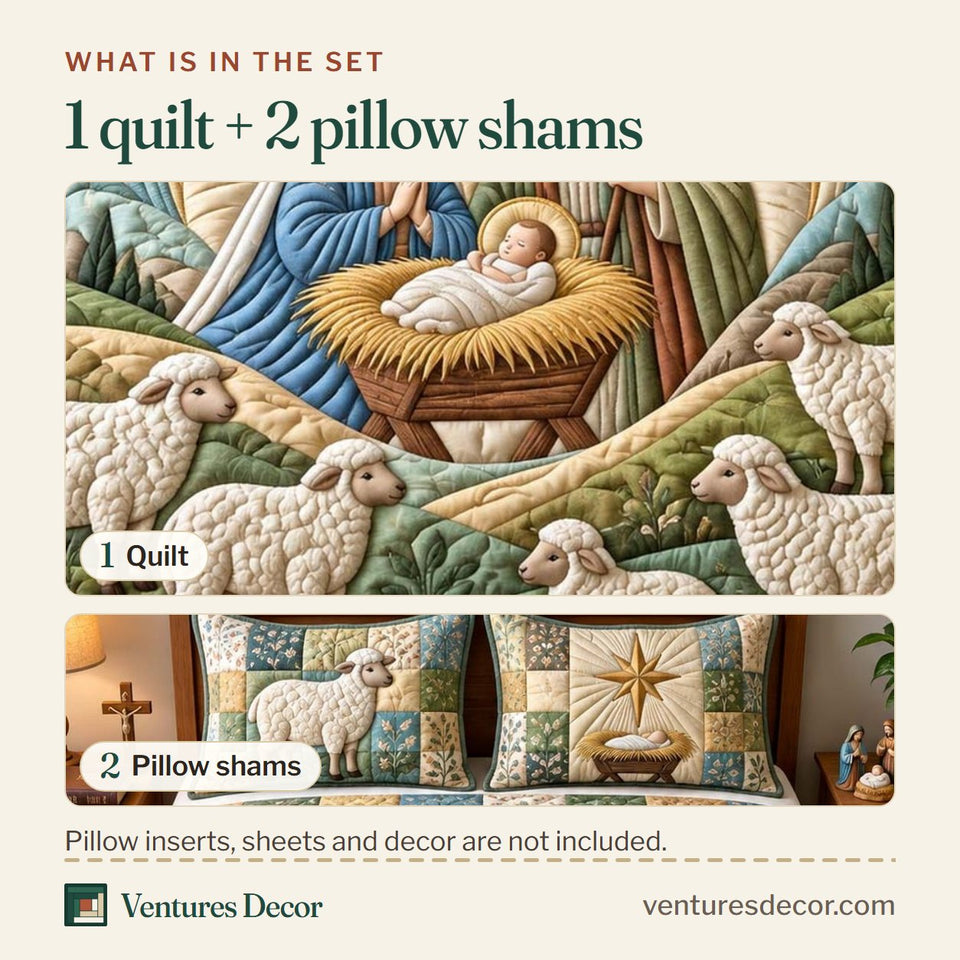 What is in the set: one quilt and two pillow shams, shown in the Nativity Of Shepherd design