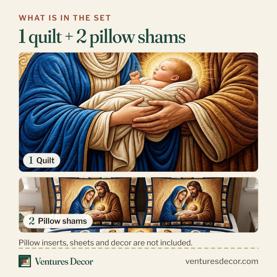 What is in the set: one quilt and two pillow shams, shown in the Nativity Scene Christmas Decor design